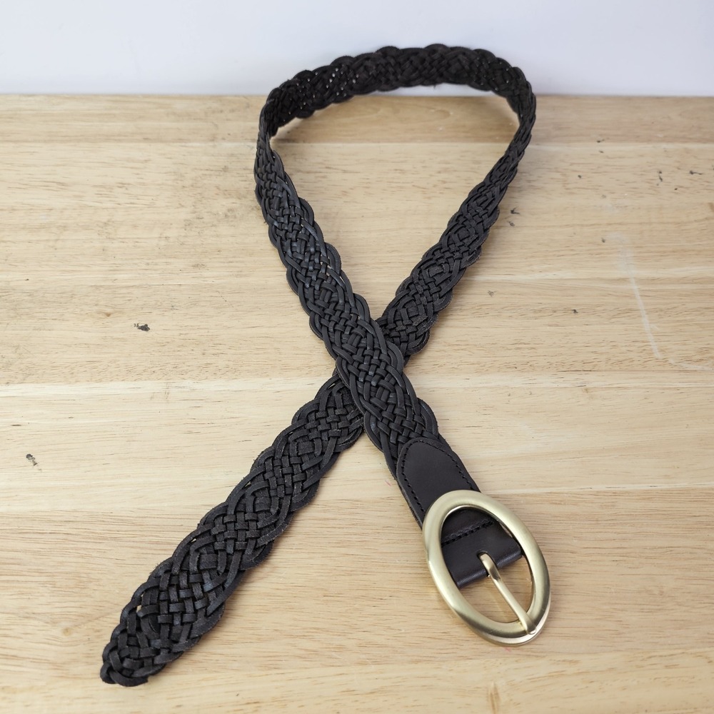 Talbots Brown Braided Woven‎ Leather Belt Womens Medium Gold Buckle 94066015